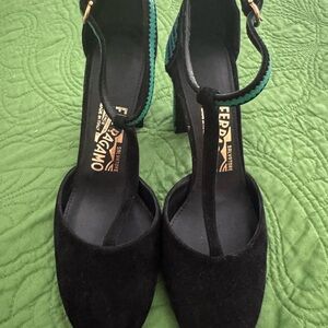 Salvatore Ferragamo Black and Teal Heels